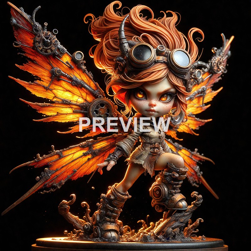 A highly detailed, fantasy-style figurine of a young girl with orange hair and mechanical, insect-like wings, dressed in a steampunk-inspired outfit, standing on a textured base against a black background.